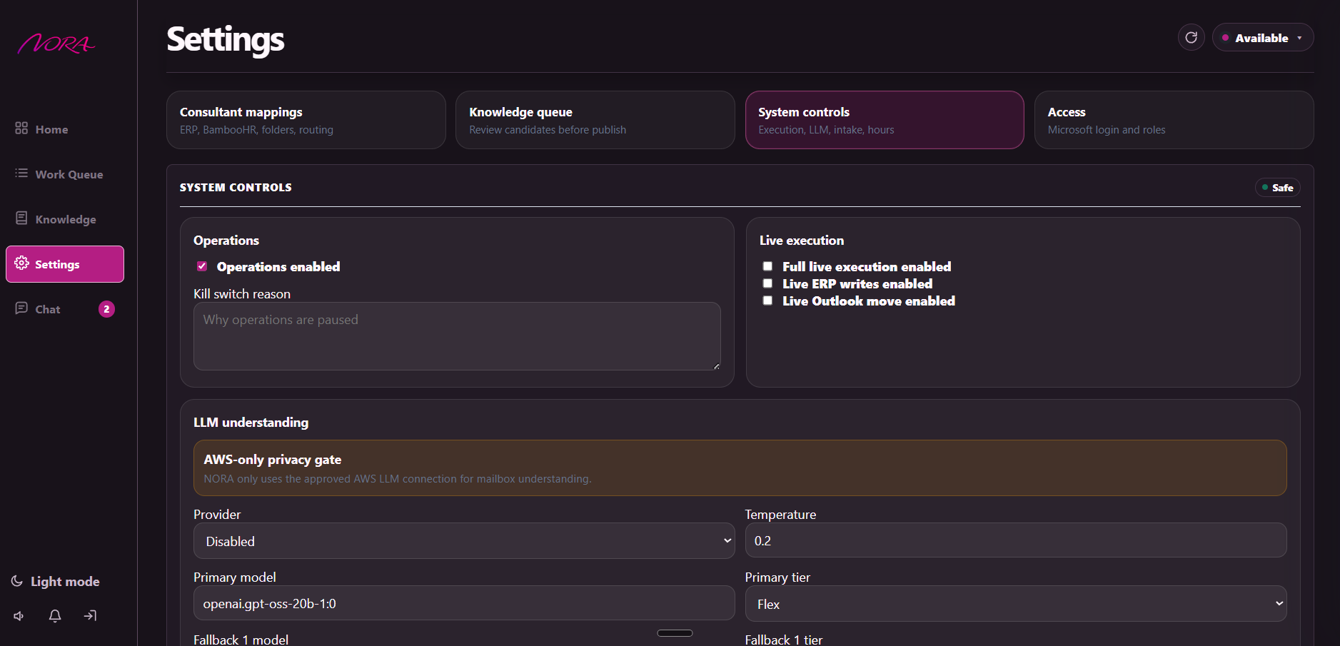 NORA Settings showing system controls, AWS-only privacy gate, LLM routing, live execution, and operations switches