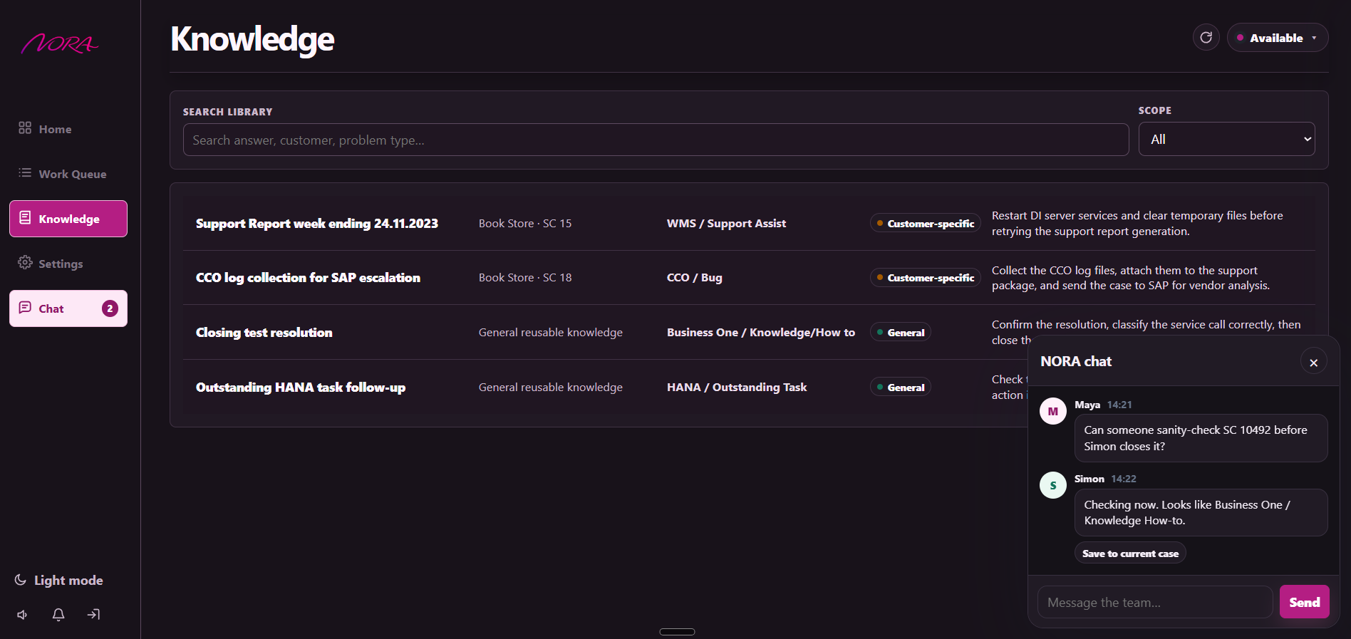 NORA Knowledge page showing approved support answers and team chat save-to-case flow