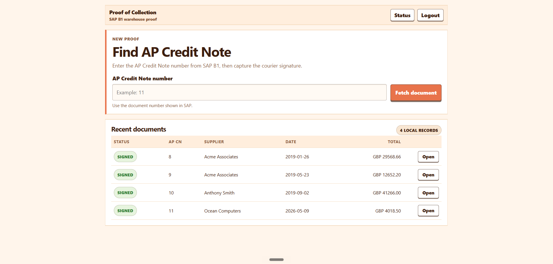 POC App fetch document screen showing A/P Credit Note lookup and document summary