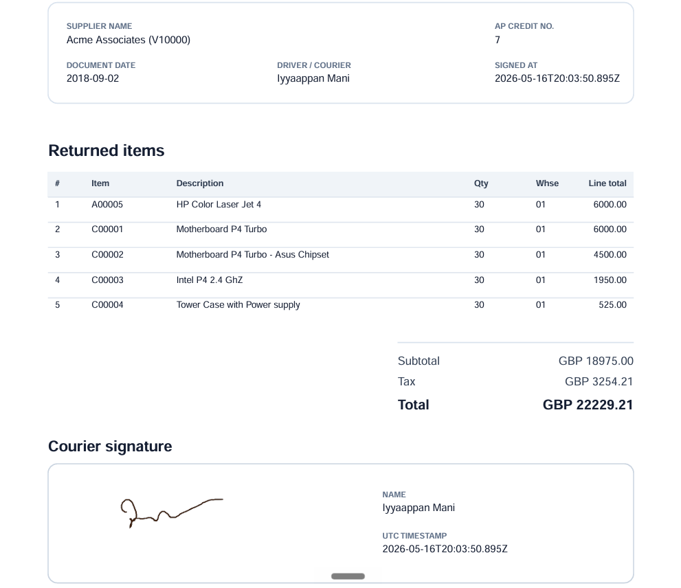 Generated POC App proof of collection PDF with supplier, document, item, driver, and signature details