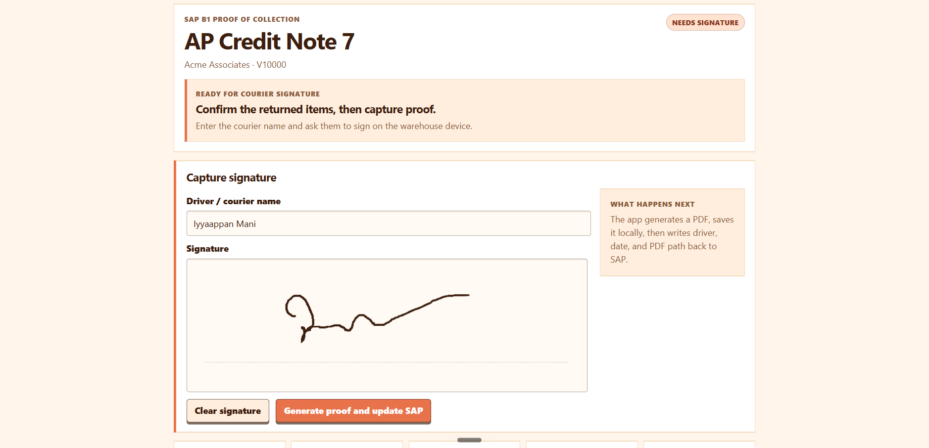 POC App signing screen showing returned items, courier details, and signature capture